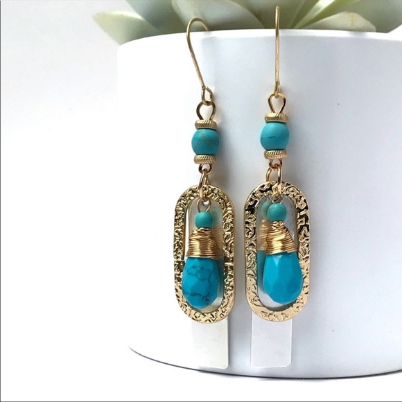 Jewelry - Natural Turquoise Stone Gold Tone Silver Tone Bar Dangle Earrings